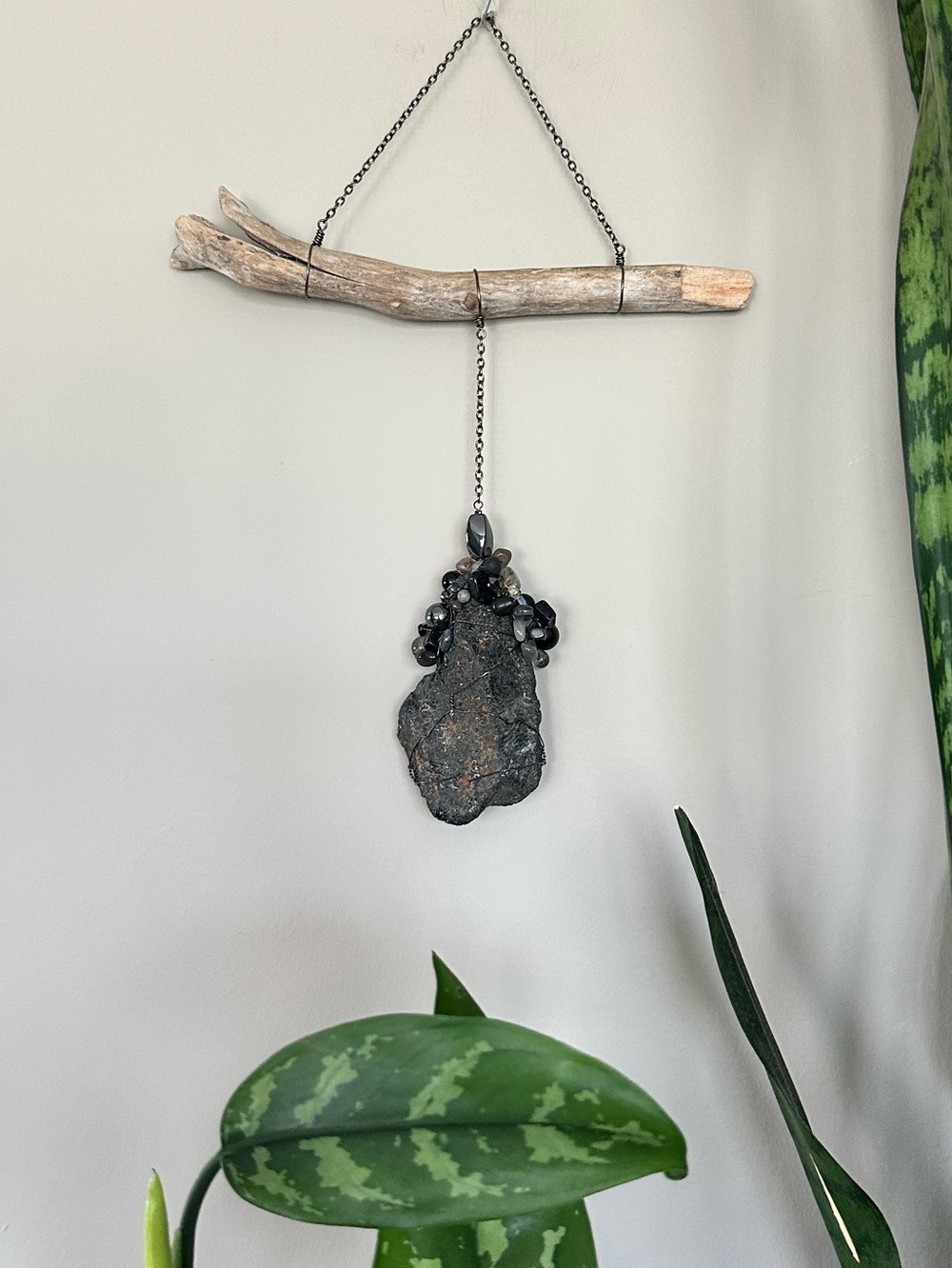 Natural Driftwood and Black Tourmaline Hanging Wall Decor